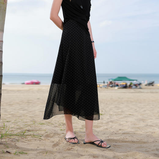 三彩2026春季新款法式不规则波点半身裙高腰A字裙雪纺裙长裙M 商品图1