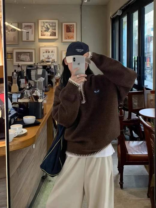 F020546慵懒松弛感咖色连帽半拉链针织衫 商品图4