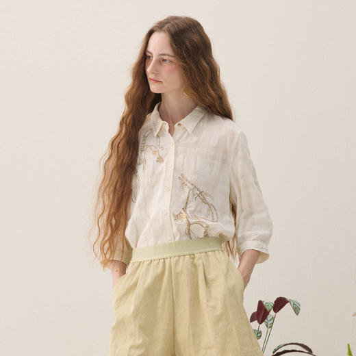 谜底棉感衬衣分袖2026春季新品原创艺术刺绣文艺衬衫女261MC0086 商品图1