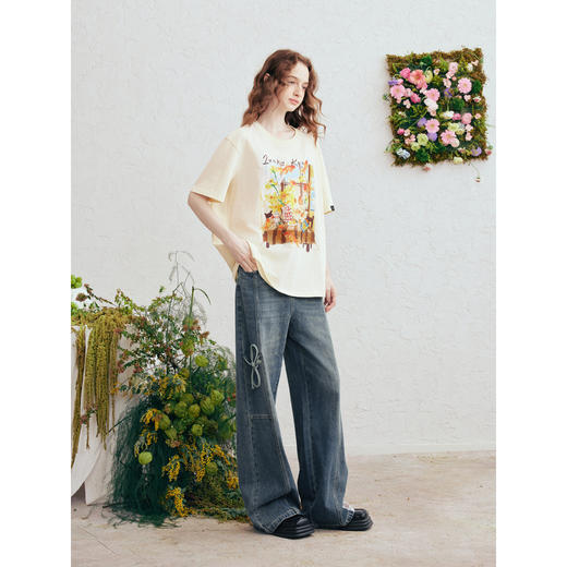 两三事星尘漫步2026春季新款复古绑带蝴蝶结蕾丝章仔阔腿牛仔裤女 商品图3