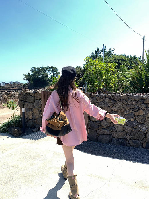 新款多季节冰岛欧尼玫瑰粉廓形棉衬衫 商品图8