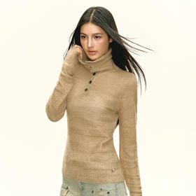 Ariseism 美式复古设计感卡其色纽扣高领针织衫女春秋新款毛衣