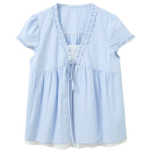 【100棉】三彩2026春季新款假两件V领格子小衫衬衣宽松娃娃衫M 商品图4