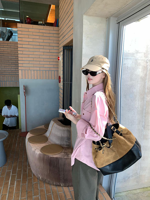 新款多季节冰岛欧尼玫瑰粉廓形棉衬衫 商品图1