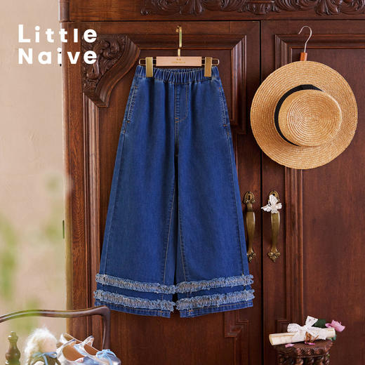 【云优选】Little Naive儿童拼接木耳边牛仔裤春季新款休闲裤女童宽松直筒裤 商品图3