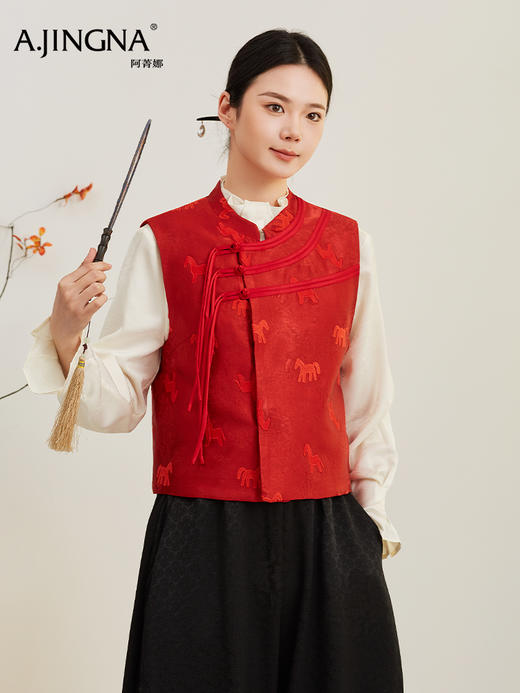 【新年国风】阿菁娜冬季新款新年战袍正红国风马甲缠枝莲祥云提花寓意绵长新年祈福承载东方美意F30D203031 商品图0