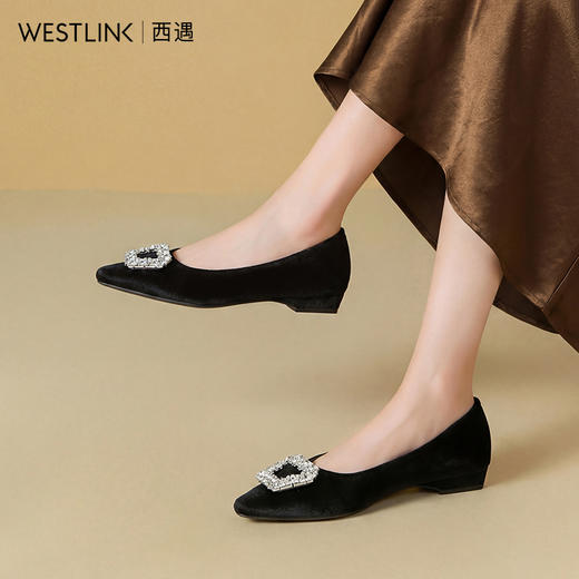 西遇浅口单鞋女2026新款春季尖头水钻方扣通勤一脚蹬女鞋低跟鞋子V0166247 商品图3