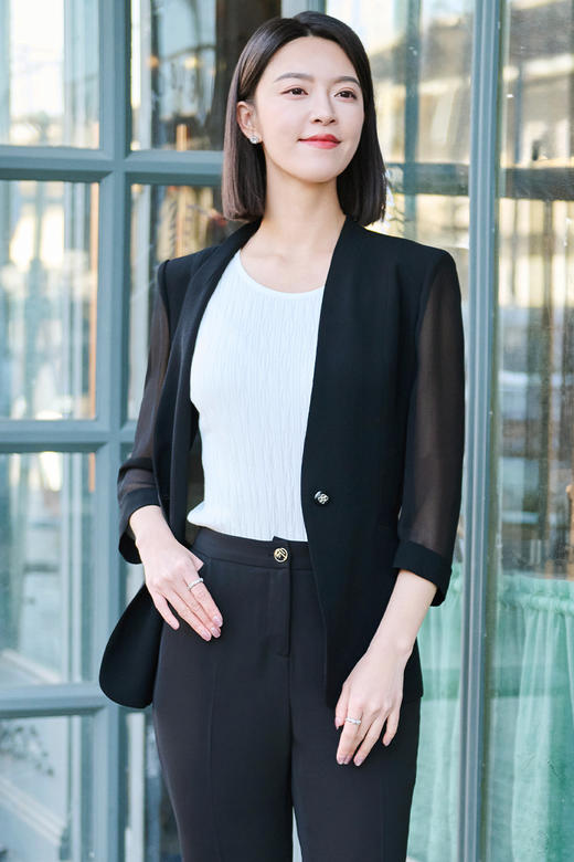 皮尔卡丹女装黑色网纱三醋酸西服上衣外套女P52005U5032B0 商品图6