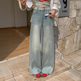 【限时赠送！定制价值69元Tiffany蓝色绝配腰带】觅槿MDINN 高定烫钻牛仔微喇裤