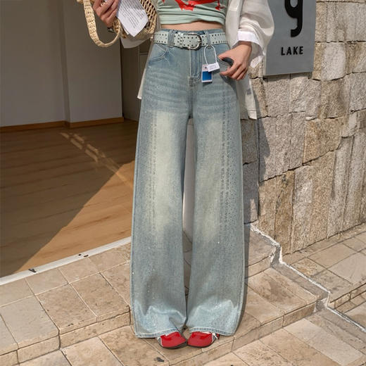 【限时赠送！定制价值69元Tiffany蓝色绝配腰带】觅槿MDINN 高定烫钻牛仔微喇裤 商品图0