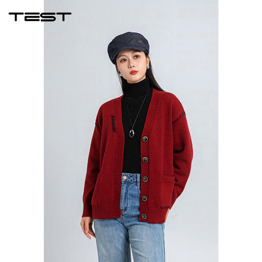 春上新叠穿神器V领宽松慵懒风红色毛衣2261005 商品图0