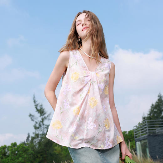 【100棉】三彩2026春季新款V领印花绣花小衫衬衣宽松娃娃衫M 商品图3