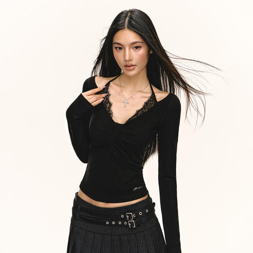 Ariseism 美式复古设计感黑色蕾丝挂绳长袖T恤女春季新款修身上衣 商品图1