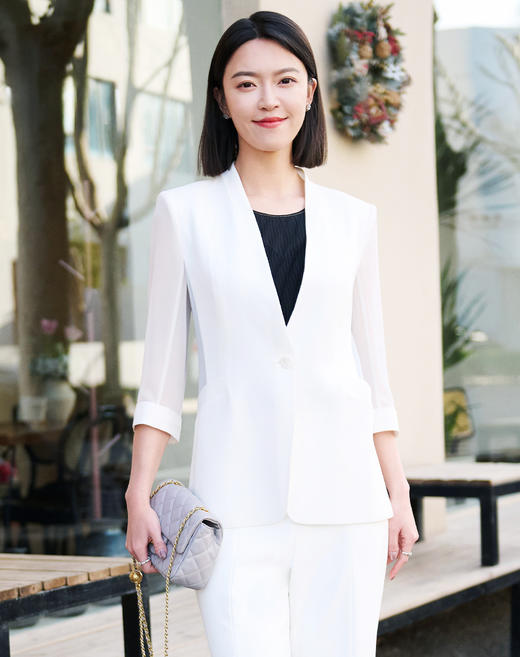 皮尔卡丹女装白色醋酸无领西服上衣外套P52005U5032W0 商品图5