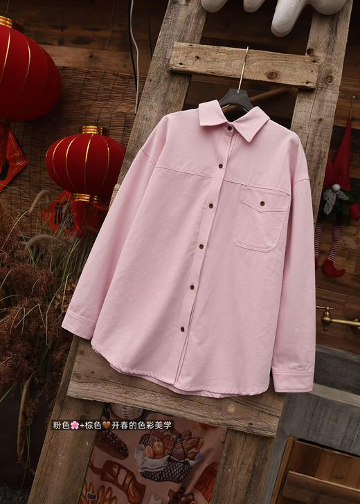 新款多季节冰岛欧尼玫瑰粉廓形棉衬衫 商品图13