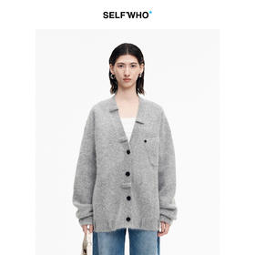 SELFWHO安哥拉兔毛羊毛混纺灰色V领针织开衫女2026春新款宽松毛衣