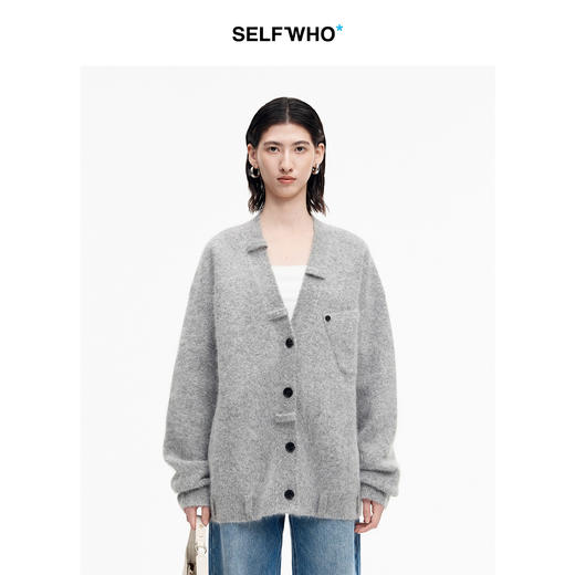 SELFWHO安哥拉兔毛羊毛混纺灰色V领针织开衫女2026春新款宽松毛衣 商品图0