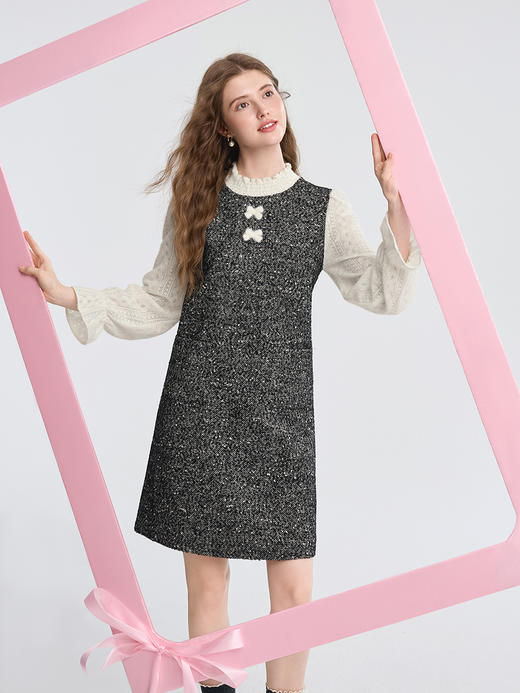 【百图lulu定制】【香风连衣裙】设计感 蝴蝶结点缀冬季连衣裙小香风氛围感拼色通勤 商品图5