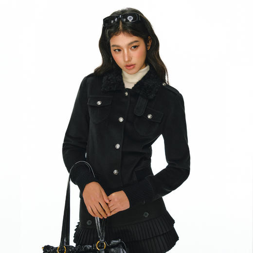 Ariseism 美式复古设计感黑色单排扣修身带毛领外套女秋冬新款 商品图2