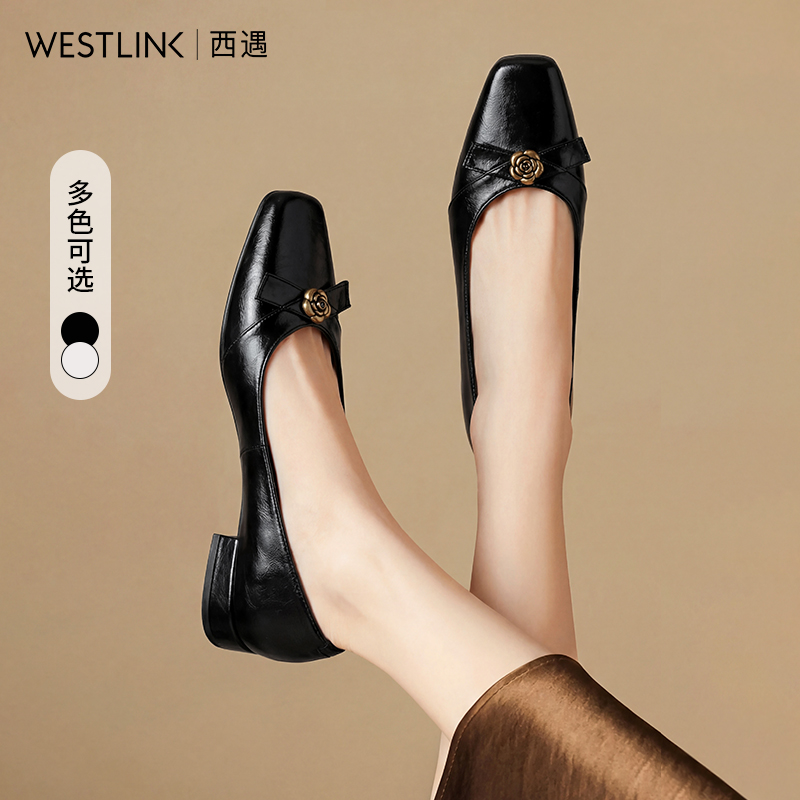【限时秒杀】西遇浅口单鞋女鞋2026新款春季山茶花方头通勤简约一脚蹬低跟鞋子V0166249