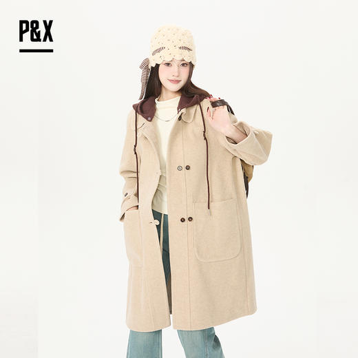 P&X设计师女装通勤宽松大衣连帽针织中长款外套 826113194 卡其 商品图3