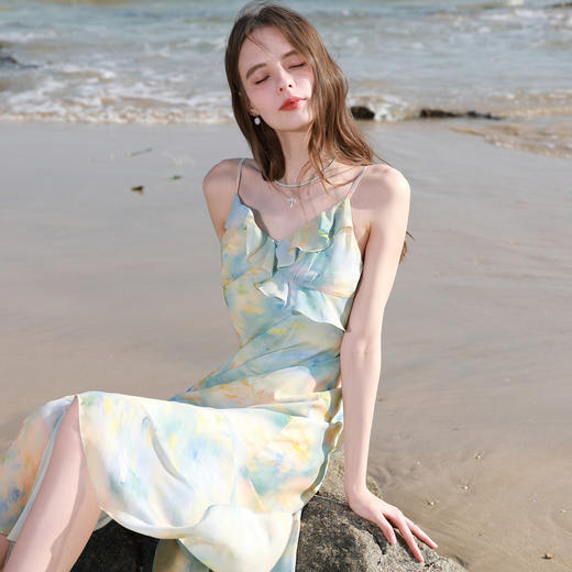 三彩2026春季新款法式荷叶边V领A字连衣裙吊带裙印花雪纺裙M 商品图2