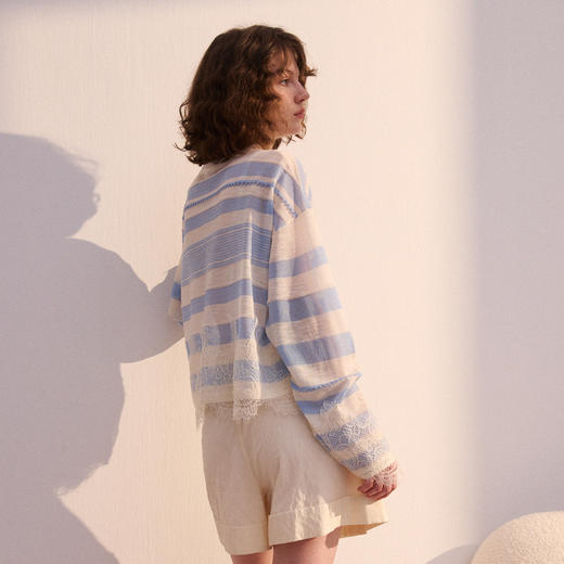 谜底短款套头针织衫长袖2026年春季新品条纹拼接蕾丝女261MZ0313 商品图2