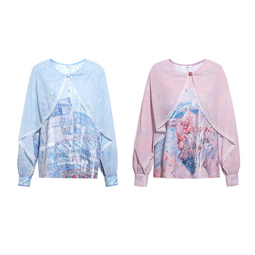 两三事梵高文艺 风荷听雨 2026春季新款披肩式假两件印花雪纺衫女 商品图4