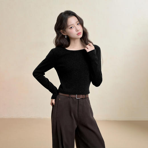 西遇修身长袖T恤女秋季新款辣妹风圆领露背镂空短款上衣Y0055206 商品图2
