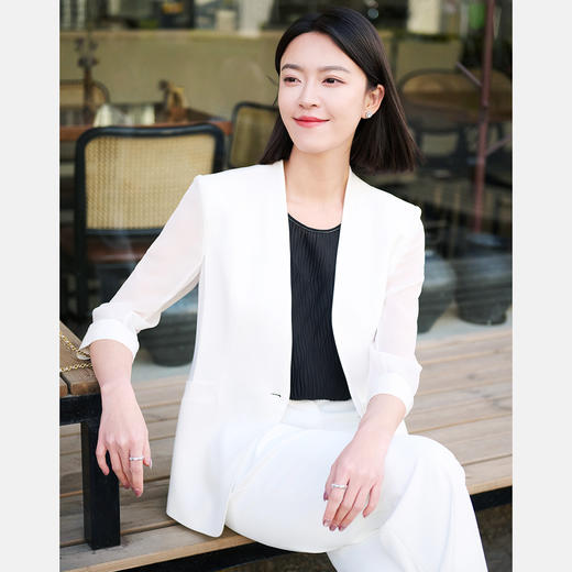 皮尔卡丹女装白色醋酸无领西服上衣外套P52005U5032W0 商品图4