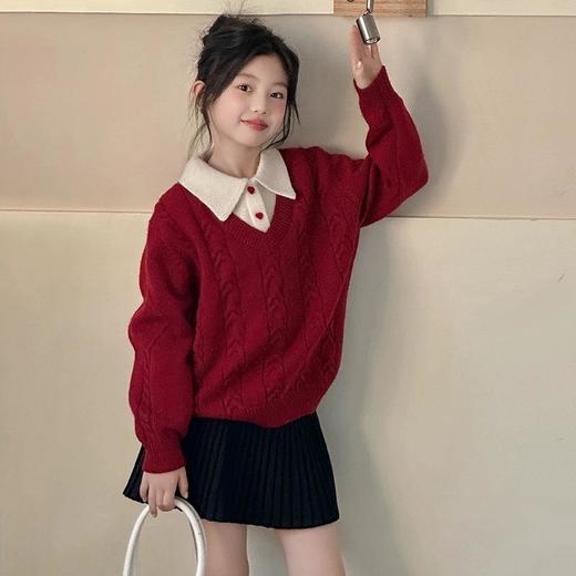 女童学院风毛衣秋冬新款儿童装洋气红色新年服女孩针织衫 商品图4