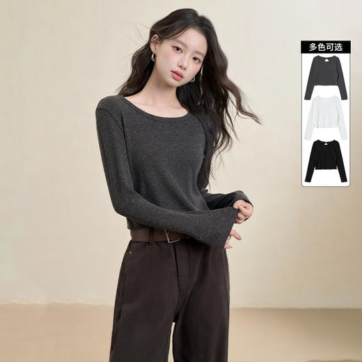 西遇修身长袖T恤女秋季新款辣妹风圆领露背镂空短款上衣Y0055206 商品图0