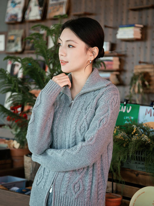 【粗棒针双拉链开衫】羊绒世家秋冬新品女士100%山羊绒绞花针织开衫外套 商品图0