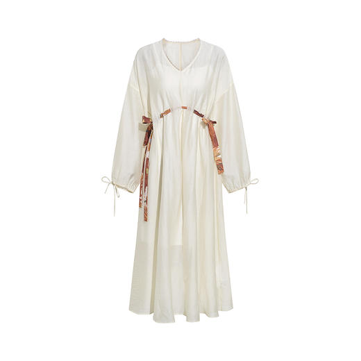 两三事梵高文艺月色共谋2026春季新款钉珠v领抽绳腰带连衣裙 商品图4