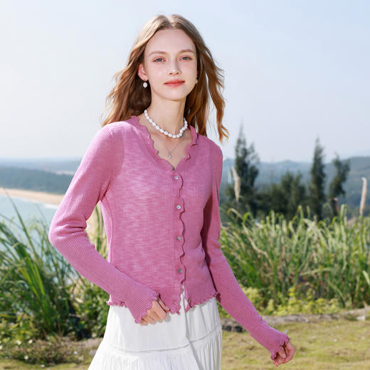 三彩2026春季新款木耳边针织衫V领毛衫短款开衫修身M 商品图3