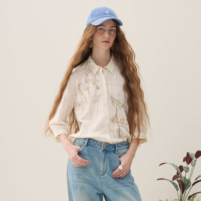 谜底棉感衬衣分袖2026春季新品原创艺术刺绣文艺衬衫女261MC0086