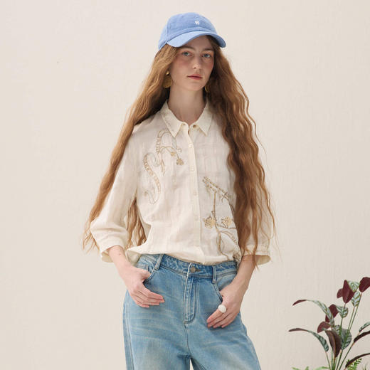 谜底棉感衬衣分袖2026春季新品原创艺术刺绣文艺衬衫女261MC0086 商品图0