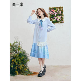 两三事梦溯芳泽2026春季新款印花裙摆可拆郁金香领带娃娃领连衣裙