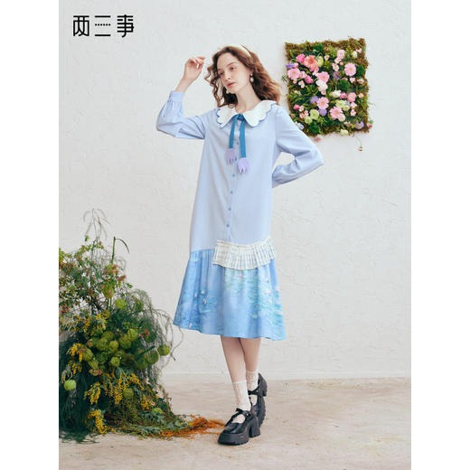 两三事梦溯芳泽2026春季新款印花裙摆可拆郁金香领带娃娃领连衣裙 商品图0