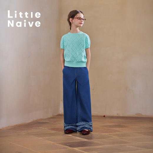 【云优选】Little Naive儿童拼接木耳边牛仔裤春季新款休闲裤女童宽松直筒裤 商品图1