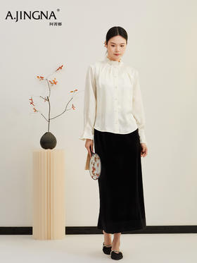 【缎面提花】阿菁娜春季新款国风衬衫立领褶皱细节微喇袖缎面提花光泽感单穿内搭皆出彩F31C202001