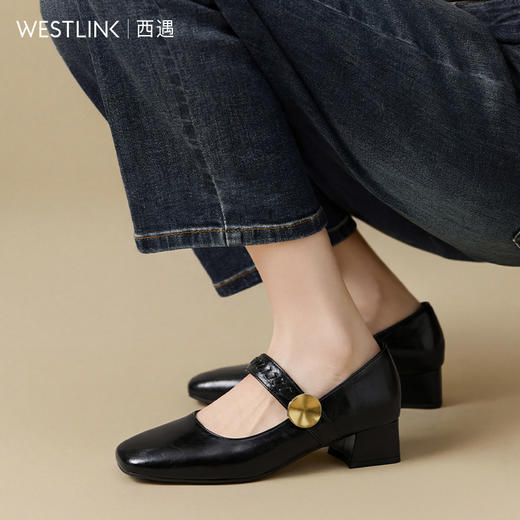 【限时秒杀】西遇方头玛丽珍鞋女鞋2026新款春季浅口一字带小皮鞋法式粗跟单鞋V0166246 商品图1