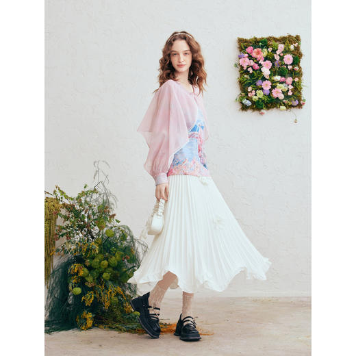 两三事梵高文艺 风荷听雨 2026春季新款披肩式假两件印花雪纺衫女 商品图3