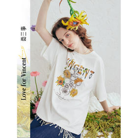 两三事梵高文艺星夜巡游2026春季新款休闲绣花印花纯棉短袖t恤女