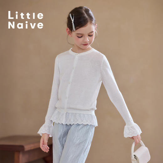 【云优选】Little Naive女童羊毛开衫春季款蕾丝花边针织衫儿童假两件外套 商品图4