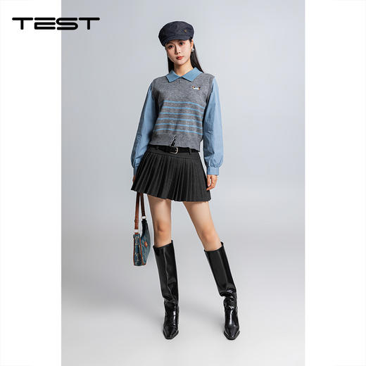 春上新拼接条纹显瘦蓝灰条纹假两件毛衣1261032 商品图1