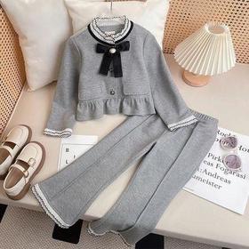 女童春秋套装韩版小香风新款时髦洋气蝴蝶结花边女孩阔腿裤两件套