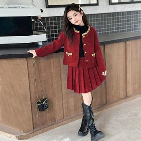 女童秋冬季新款时尚公主风红色套装中大儿童女孩洋气小香风两件套