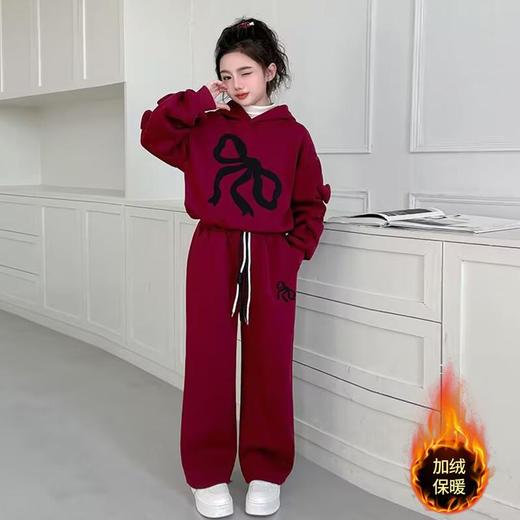 女童红色新年服秋冬新款中大童连帽卫衣阔腿裤冬季保暖加绒两件套 商品图0