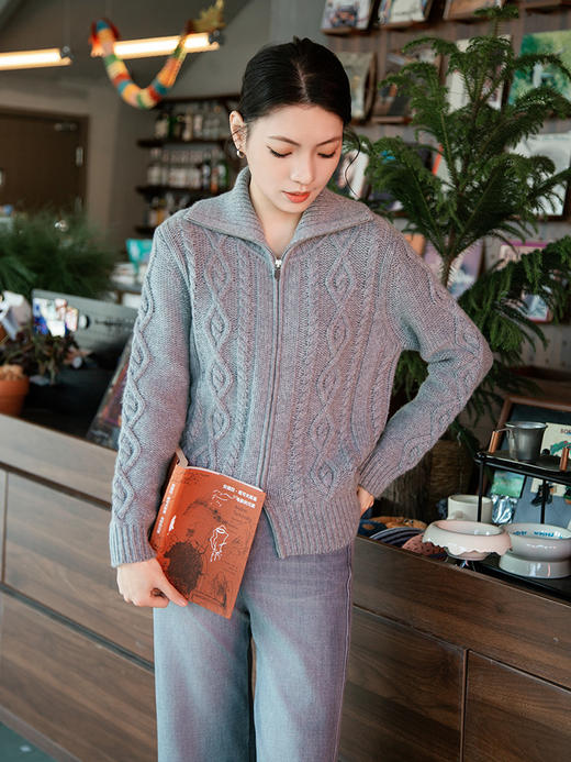 【粗棒针双拉链开衫】羊绒世家秋冬新品女士100%山羊绒绞花针织开衫外套 商品图2